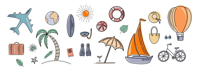Flat design style modern vector illustration icons set of traveling on airplane, planning a summer vacation, tourism and journey objects.