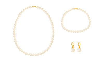 Pearl Necklace and Earrings as Jewellery or Jewelry Item and Personal Adornment Vector Set