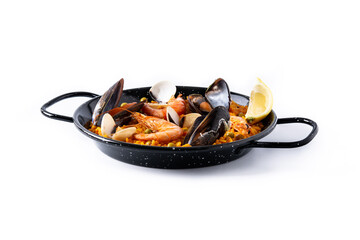 Traditional spanish seafood paella  isolated on white background. 