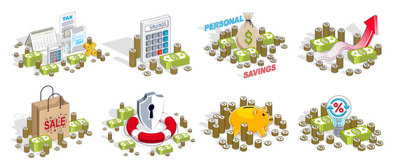 Fototapeta premium Business and finance concepts 3D vector illustrations set isolated on white background, money theme conceptual design collection, savings, bank, contract, income, safety, online.