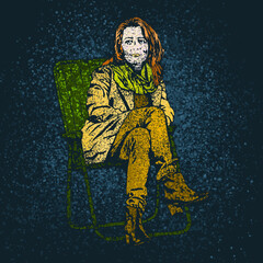 Young woman on chair painted with particles