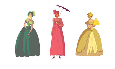 Woman in Standing Pose Wearing Old-fashioned Dress or Ball Gown Vector Set