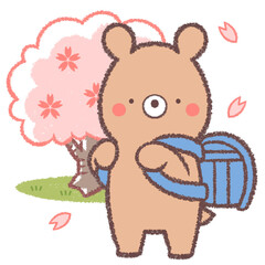 桜の木と青いランドセルを背負うクマ