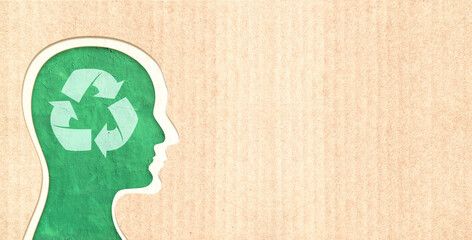 Arrows recycle symbol and human heads in paper cut style