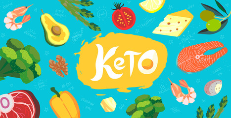 Keto diet long banner with keto foods. Ketogenic diet products in flat cartoon style. Vector of Low-carbs healthy food, vegetables, fish, meat, cheese, nuts, seafood, asparagus and lemon.