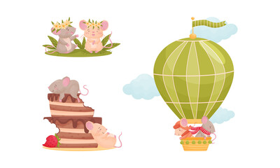 Pair of Cute Mice Flying on Hot Air Balloon and Sitting on Meadow Vector Set