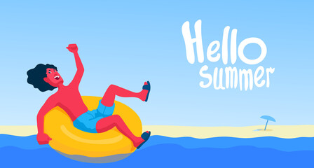 Man swimming at the sea on an inflatable ring. A boy swims in the ocean on an inflatable tube. Beach summer vacation background. A vector cartoon illustration.