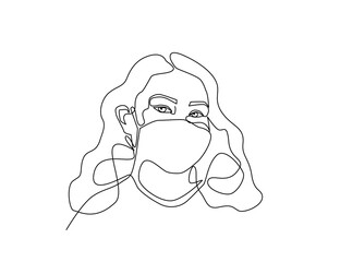 Masked woman one line art illustration - Virus protection concept - Epidemic quarantine - Medical mask female vector