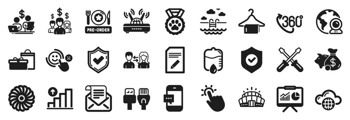Set of Business icons, such as Smartphone message, Presentation, People communication icons. Swimming pool, Confirmed, Computer cables signs. Fan engine, Arena stadium, Pre-order food. Vector