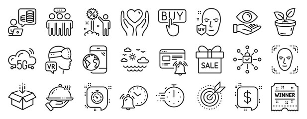 Set of Business icons, such as Cooking timer, Alarm clock, Augmented reality icons. Leaves, Winner ticket, Internet notification signs. Sale offer, Uv protection, Employees group. Timer. Vector