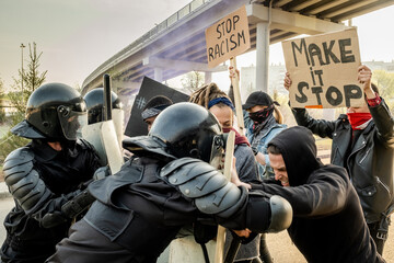 Fighting against protesting people at rally