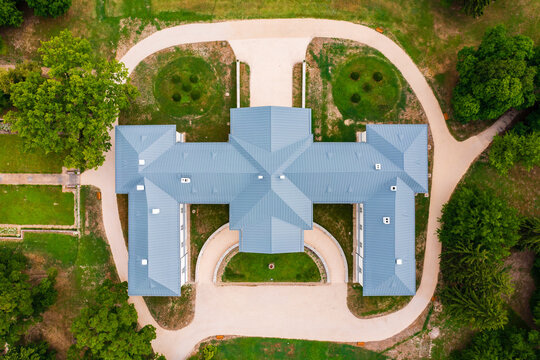 Aerial view about Festetics Castle in Deg which is the only classicist castle in Fejer County. The castle is surrounded by the largest English park in Hungary.