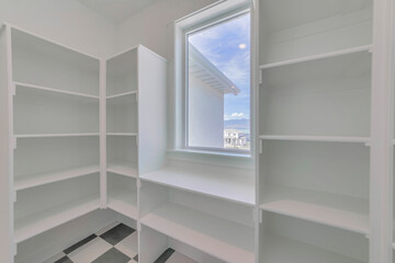 Interior view of a walk in pantry of the kitchen of home with empty shelves