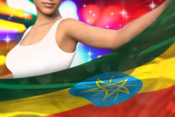 pretty lady holds Ethiopia flag in front on the party lights - flag concept 3d illustration