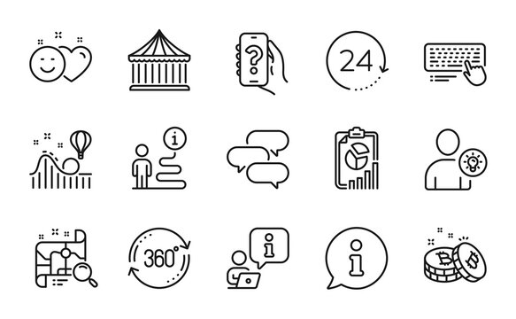 Technology icons set. Included icon as Report, Smile, Talk bubble signs. Help app, User idea, Computer keyboard symbols. Search map, Carousels, Full rotation. Roller coaster, Bitcoin. Vector