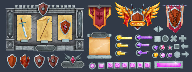 Stone game user interface design kit, medieval knight RPG template design, rock signboard, shield. Vector UI buttons, parchment, treasury, victory sign, arrow assets panel. Game interface set © Oleksandra