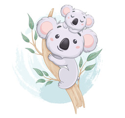 Funny koala with her baby on eucalyptus tree © vectorkif