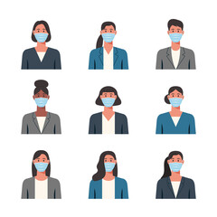 People portraits of businesswomen with protective medical masks, female faces avatars isolated icons set, vector flat illustration