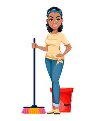Fototapeta premium Pretty African American housewife washing floor