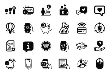 Vector Set of Technology icons related to Smartphone recovery, Windmill turbine and Computer mouse icons. Airplane, Tips and Protection shield signs. Info bubble, journey path. Vector