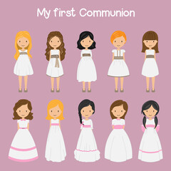 Set girls with first communion dress. Isolated vector