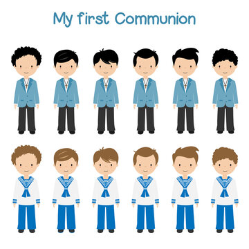 Set Children With First Communion Suit. Isolated Vector