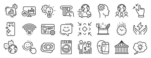 Set of Technology icons, such as Smile, Touchscreen gesture, Carousels icons. Candlestick chart, Time, Web settings signs. Safe energy, Seo statistics, Smile chat. 5g wifi, Credit card. Vector