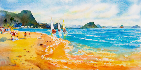 Watercolor paintings. Panorama of seascape boat sail on sea.