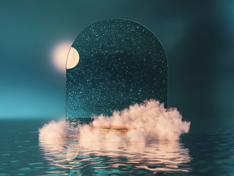 Natural beauty podium backdrop for product display with dreamy cloud and arch frame.3d seascape Night scene.