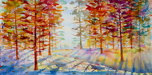 Watercolor painting colorful autumn trees.