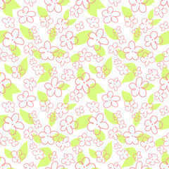 Pink flowers and green leaves. Simple flowers in doodle style. Light background pattern for wrapping paper, bedding, or baby clothes.