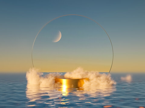Natural beauty podium backdrop for product display with dreamy cloud and arch frame.3d seascape Night scene.