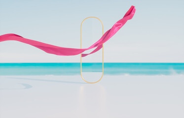 Abstract summer beach scene with flying cloth. 3d rendering.