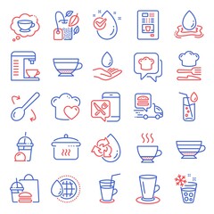 Food and drink icons set. Included icon as Recycle water, Coffee vending, Coffee cup signs. World water, Boiling pan, Food app symbols. Cooking hat, Cocktail, Cappuccino. Fast food, Teacup. Vector