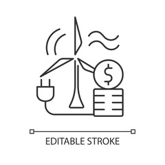 Wind energy price linear icon. Windmill for generating alternative renewable power. Thin line customizable illustration. Contour symbol. Vector isolated outline drawing. Editable stroke