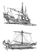 Galley of the ancient Greeks. Wooden sailboat with oars. Graphic hand drawing. Vector