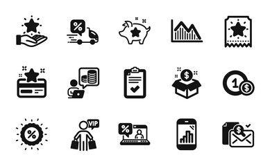Vector set of Investment graph, Discount and Graph phone icons simple set. Accounting report, Online loan and Post package icons. Usd coins, Checklist and Vip shopping signs. Vector