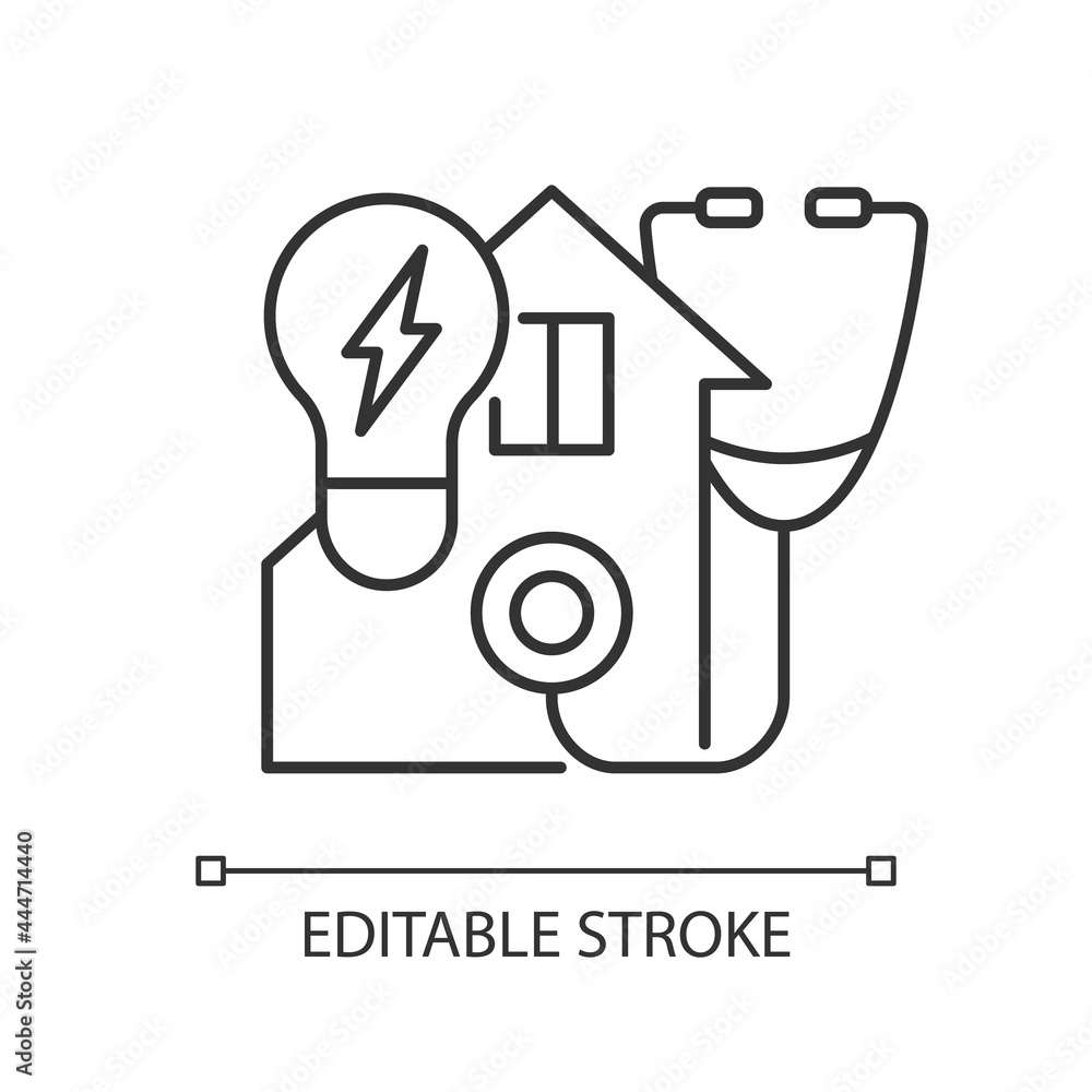 Poster energy audit linear icon. inspecting residential house for efficient power usage. energy purchase. t