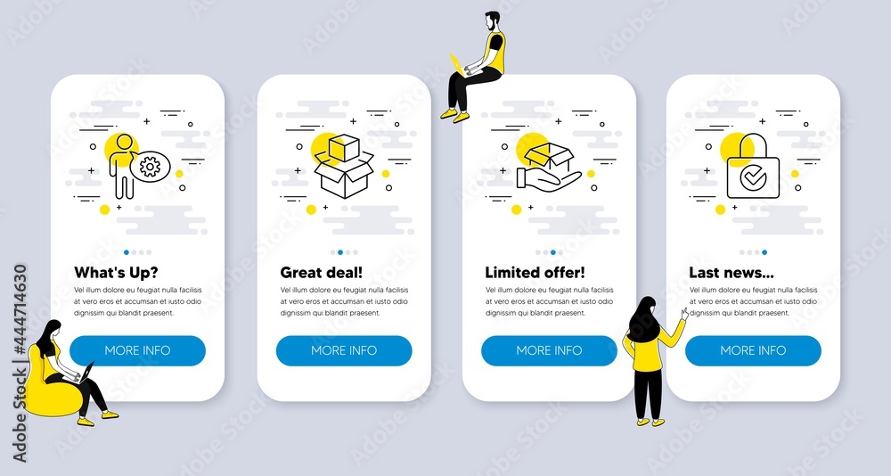 Poster vector set of technology icons related to packing boxes, hold box and cogwheel icons. ui phone app s