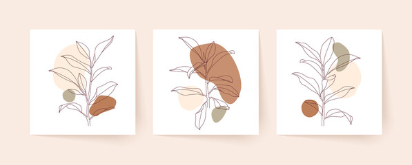 Line drawing of tropical plants with abstract organic shapes. Modern single line art. Vector illustration.