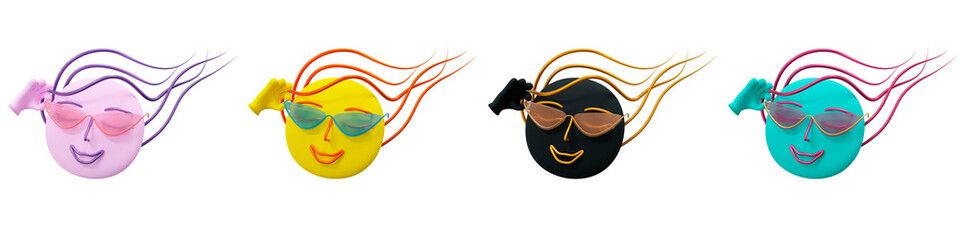 Happy face of a girl in sunglasses is enjoying a vacation at sea. Emotion of pleasure.  Emoji 3d render illustration. Concept art of recreation. Set of elements of different color