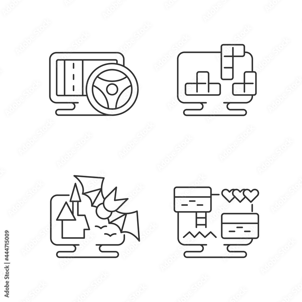 Poster life simulator games types linear icons set. vehicles controlling games. customizable thin line cont