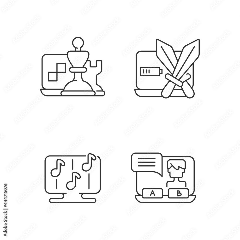 Poster competitive games types linear icons set. combat between teams. rhythm activities. customizable thin