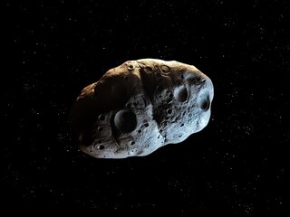 Rocky asteroid in space with stars. Asteroid isolated on a black background. Meteorite with impact...