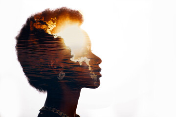 Multiple exposure image with sunrise and sea inside african american woman silhouette. Black Lives Matter mental state and freedom mindset concept. - obrazy, fototapety, plakaty