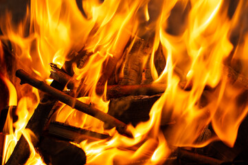 Blurred image of a burning wood fire at night. Danger concept.