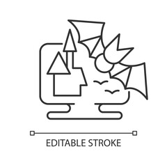 Horror games linear icon. Popular genre centered on horror fiction created to scare players. Thin line customizable illustration. Contour symbol. Vector isolated outline drawing. Editable stroke