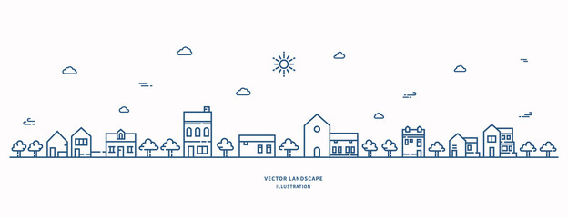 Vector landscape line art illustration. Village landscape with houses, building, tree, sky. Suburban landscape in monochrome line art style. Vector illustration.