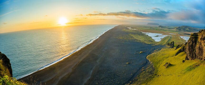 Aeria view of Dyrholaey beach Vik village in Iceland