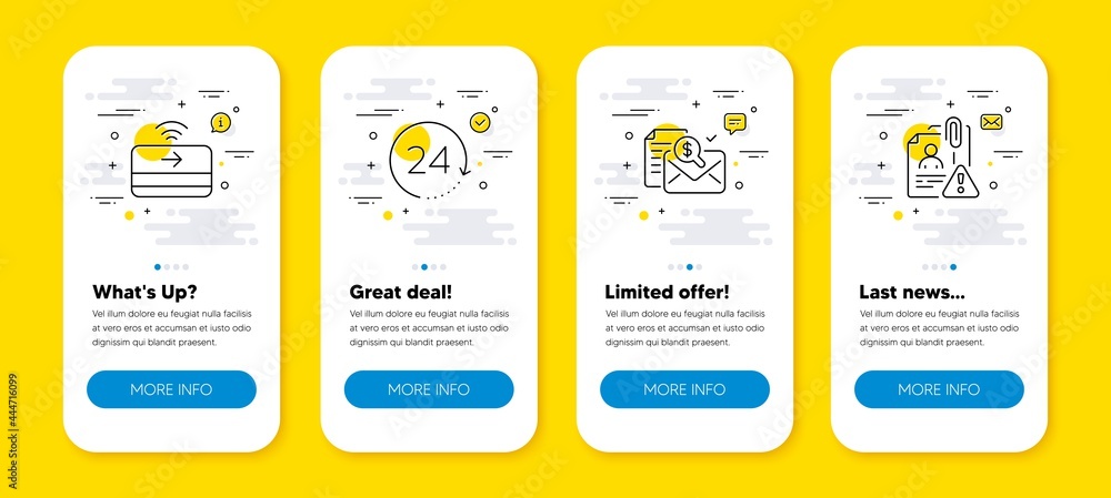 Poster vector set of contactless payment, 24 hours and accounting report line icons set. ui phone app scree